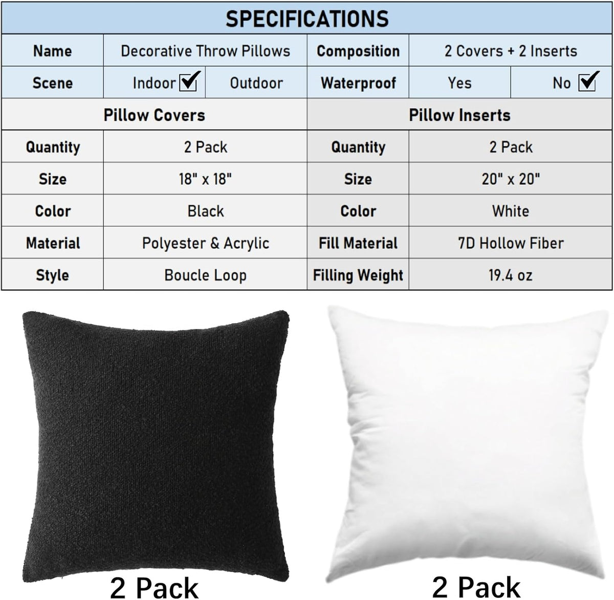 Complete Throw Pillows with Inserts, Set of 2 Decorative Throw Pillow-Boucle-18 x 18"-Square Boho Pillows for Couch, Patio, Bed, Sofa Decor (Black, 18" x 18"(Pack of 2))