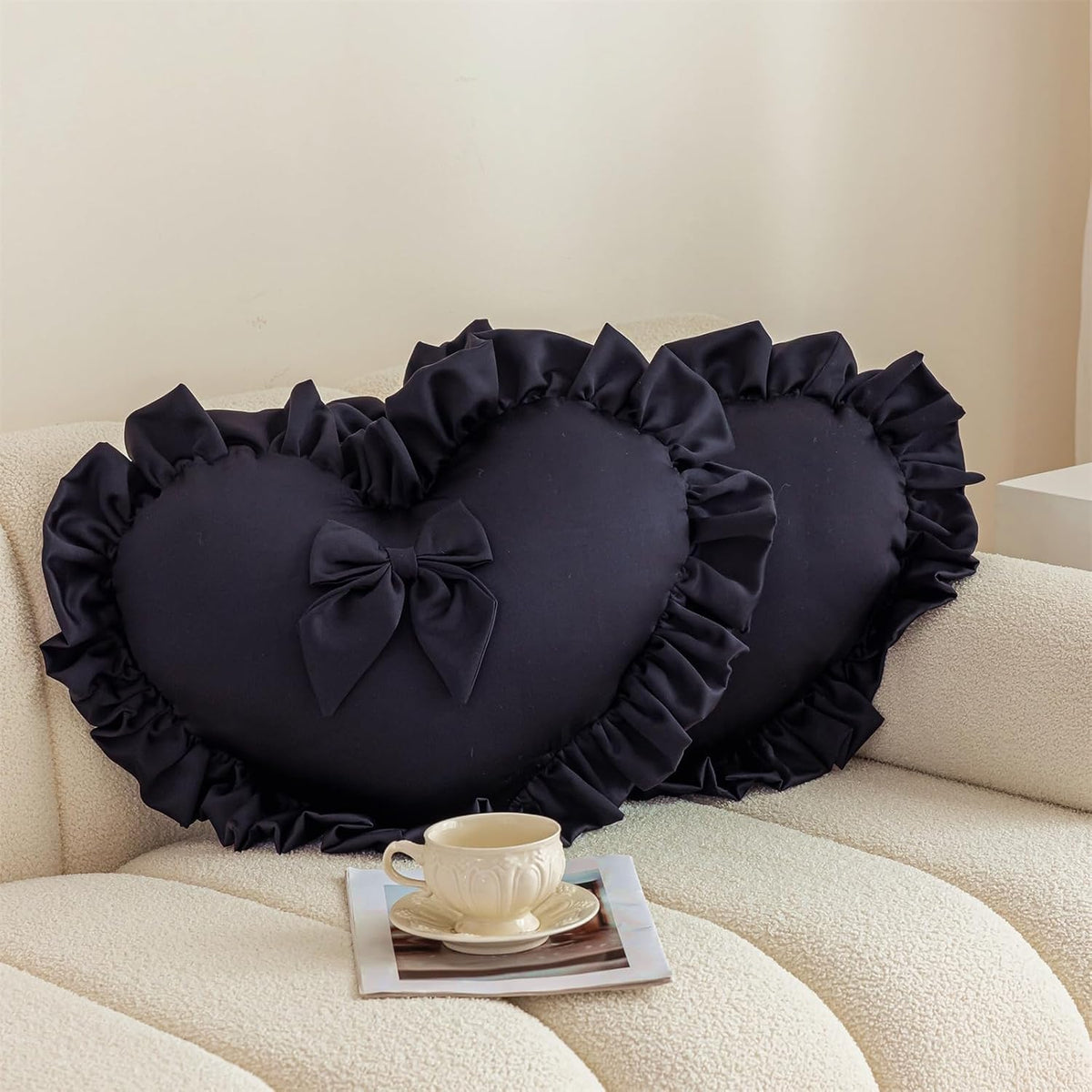MOJUN Black Heart Pillow, Soft Heart Shaped Pillow with Bow Ruffle Design Love Room Decor Pillows for Sofa Bed Chair Cute Heart Shaped Throw Pillow Cushion for Bedroom Living Room