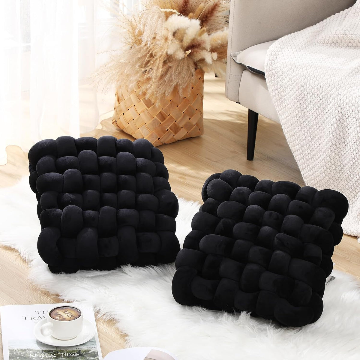 Wenqik 2 Pcs Knot Pillows Square Throw Pillow, Black, Crystal Velvet