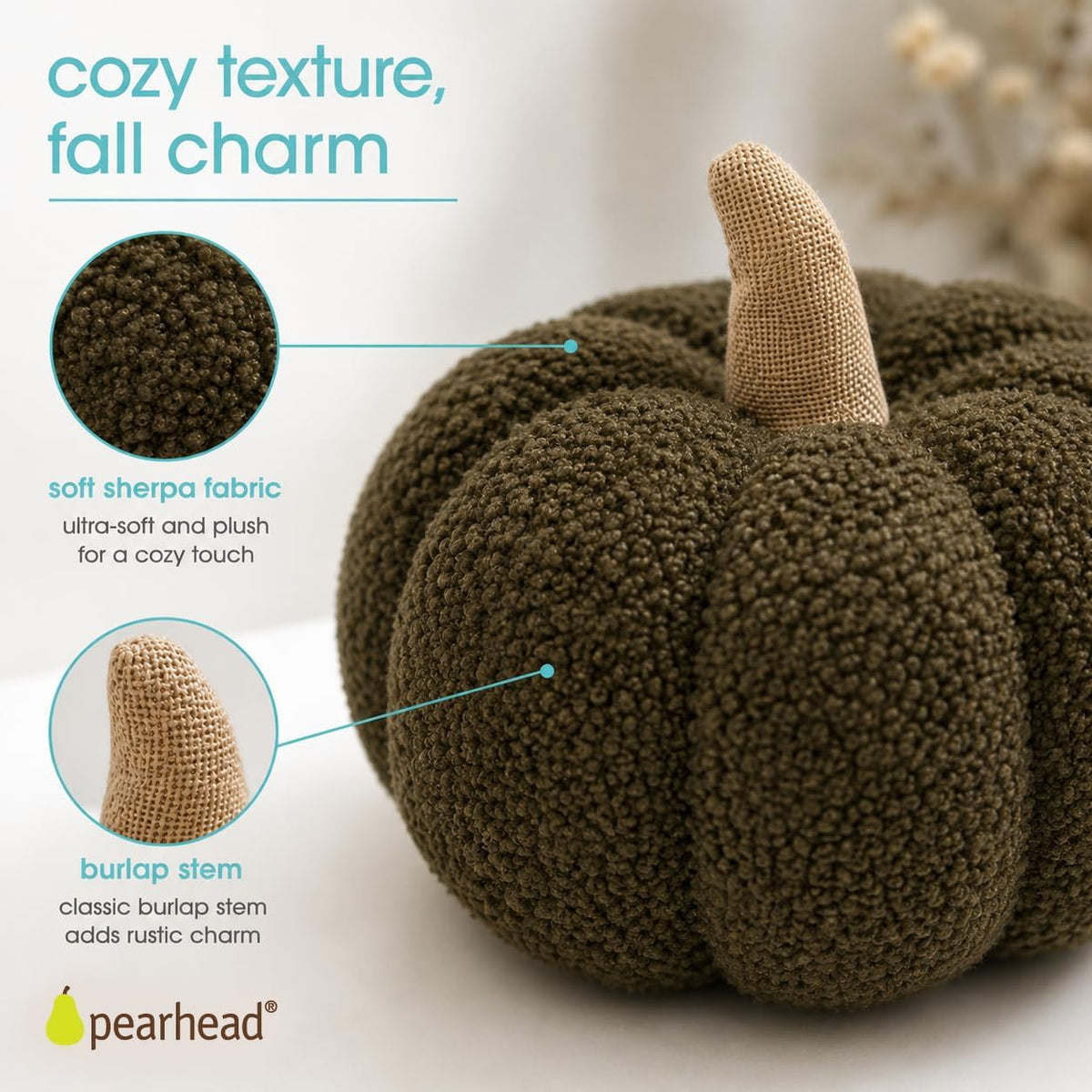Pearhead Sherpa Pumpkin Pillow Decor, Modern Fall Home, 9", Olive Green