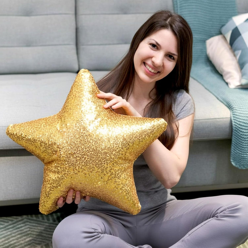 Gold Star Pillow Sequin Throw Pillows 15" Decorative Soft Fluffy