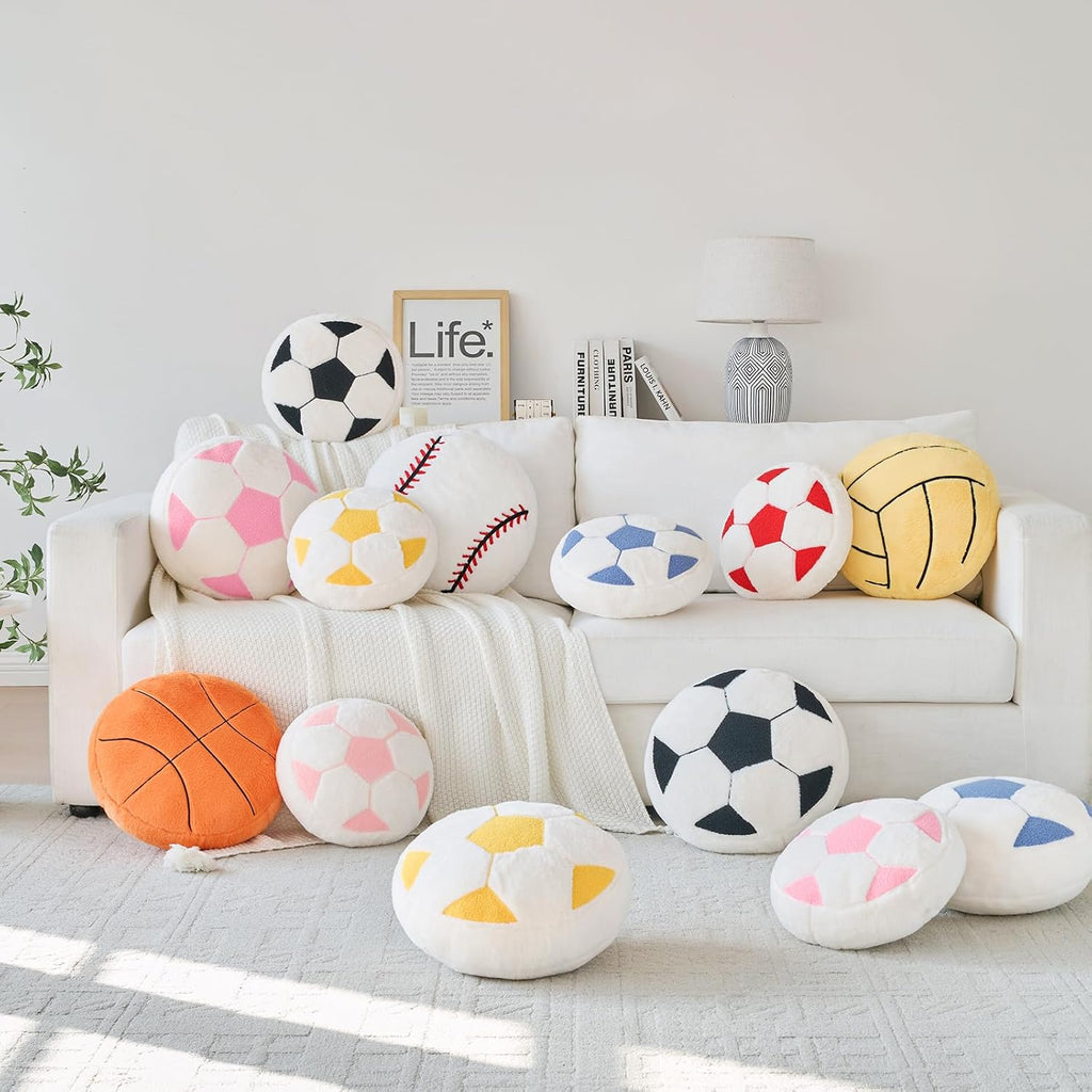 Baseball Pillow,12" Baseball Shaped Pillow Floor Cushion Seating Cushion with Faux Rabbit Fur,Round Ball Throw Pillow Room Décor for Sofa Couch Living Room