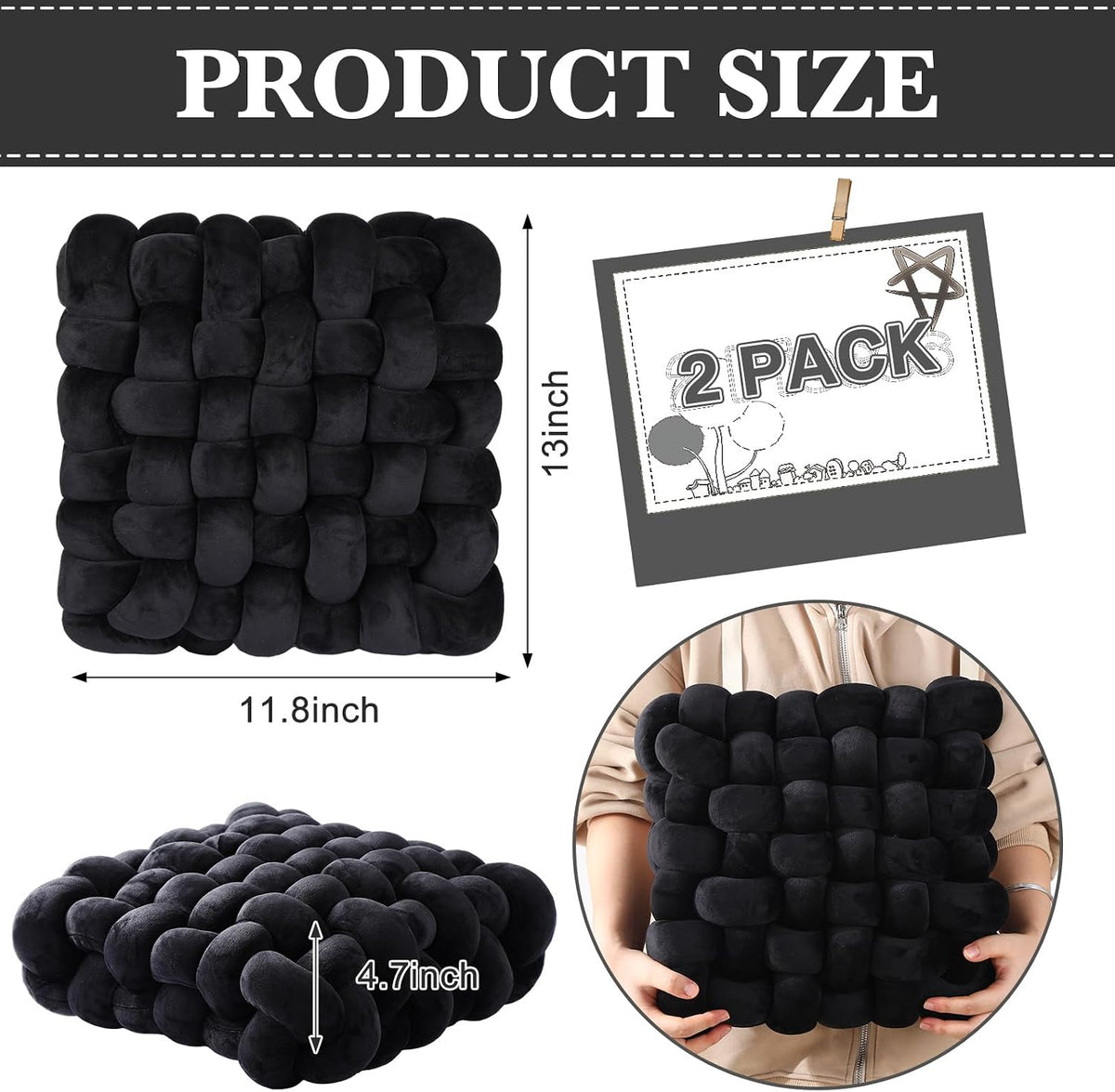 Wenqik 2 Pcs Knot Pillows Square Throw Pillow, Black, Crystal Velvet