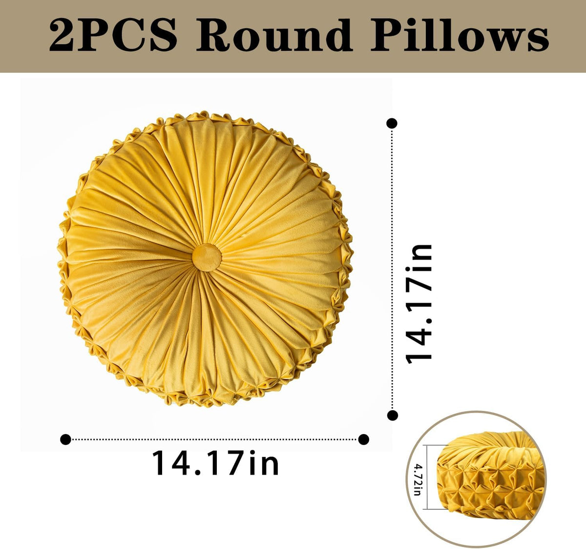 Round Throw Pillow Set of 2 – Decorative Velvet Ruched Pumpkin Pillows with Button Center, Soft Handmade Cushions for Couch Sofa Bed Farmhouse Vintage Rustic Decor, 14.5" R, Yellow