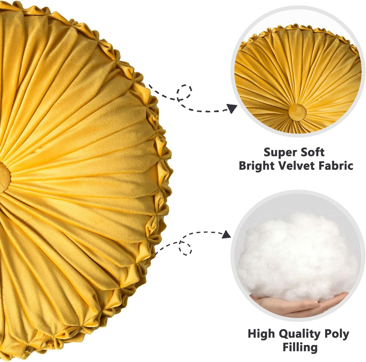 Round Throw Pillow Set of 2 – Decorative Velvet Ruched Pumpkin Pillows with Button Center, Soft Handmade Cushions for Couch Sofa Bed Farmhouse Vintage Rustic Decor, 14.5" R, Yellow