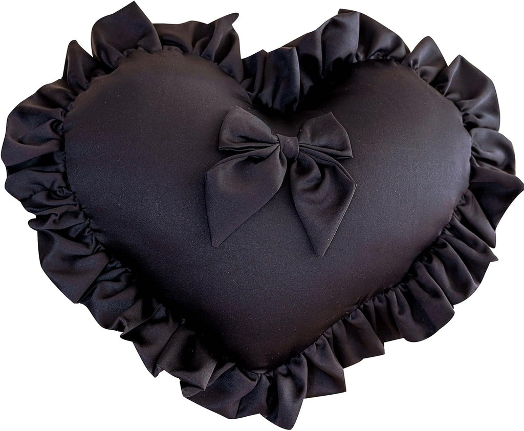 MOJUN Black Heart Pillow, Soft Heart Shaped Pillow with Bow Ruffle Design Love Room Decor Pillows for Sofa Bed Chair Cute Heart Shaped Throw Pillow Cushion for Bedroom Living Room