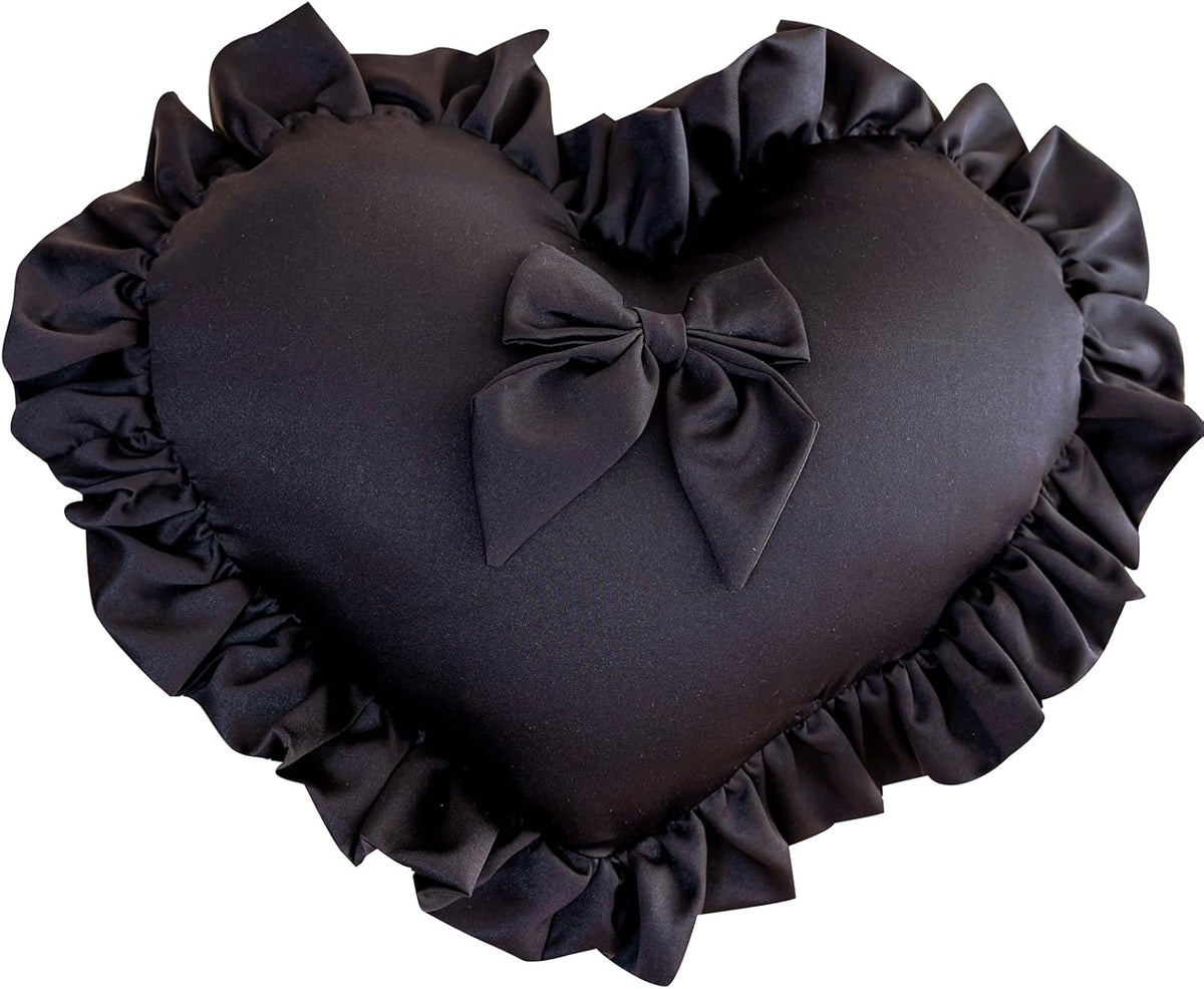 MOJUN Black Heart Pillow, Soft Heart Shaped Pillow with Bow Ruffle Design Love Room Decor Pillows for Sofa Bed Chair Cute Heart Shaped Throw Pillow Cushion for Bedroom Living Room