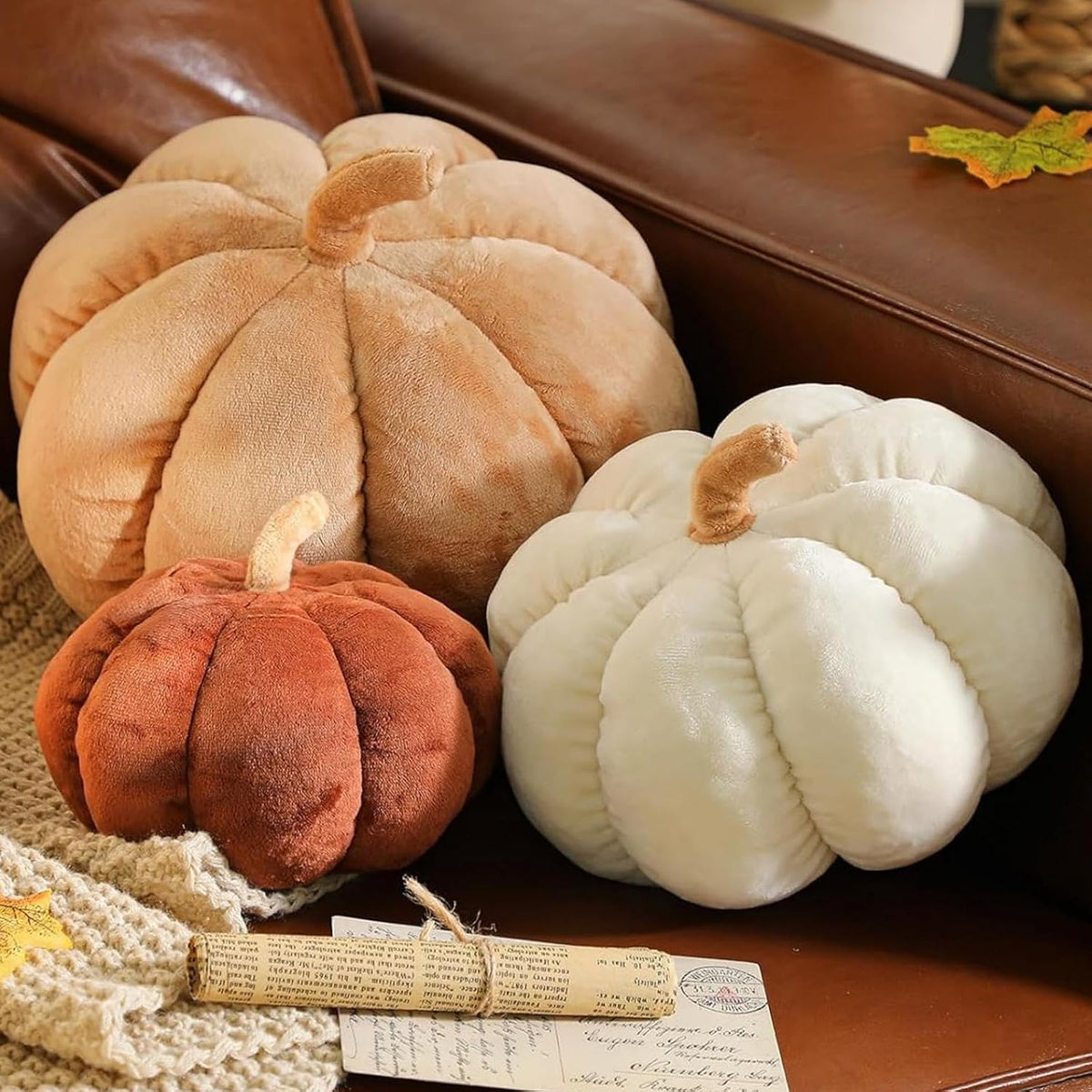 Geelin 3 Pcs Fall Pumpkin Throw Pillows Cozy Fall Decor, Brown, Velvet