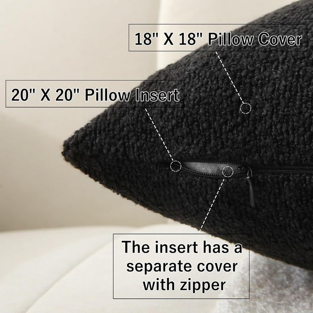 Complete Throw Pillows with Inserts, Set of 2 Decorative Throw Pillow-Boucle-18 x 18"-Square Boho Pillows for Couch, Patio, Bed, Sofa Decor (Black, 18" x 18"(Pack of 2))