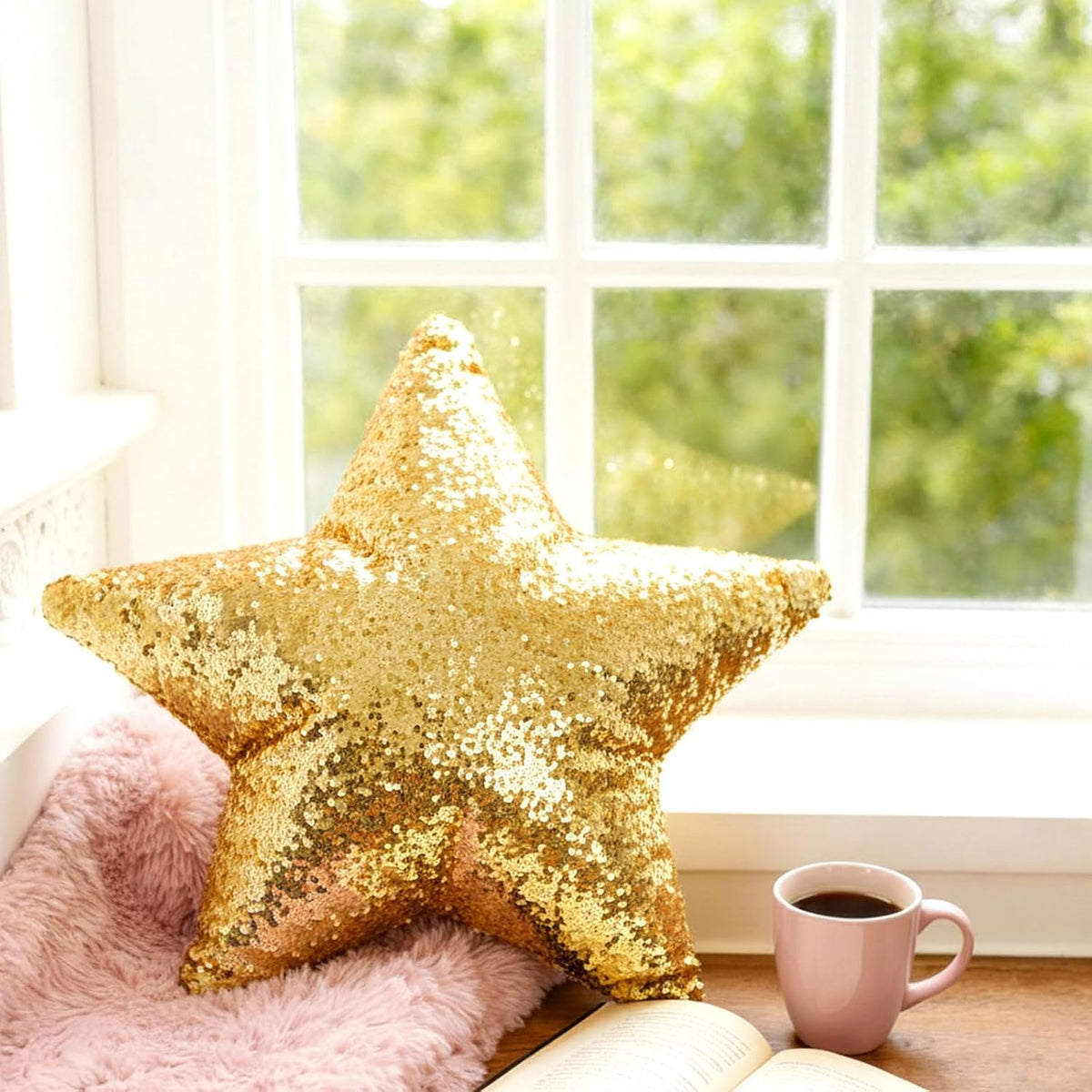 Gold Star Pillow Sequin Throw Pillows 15" Decorative Soft Fluffy