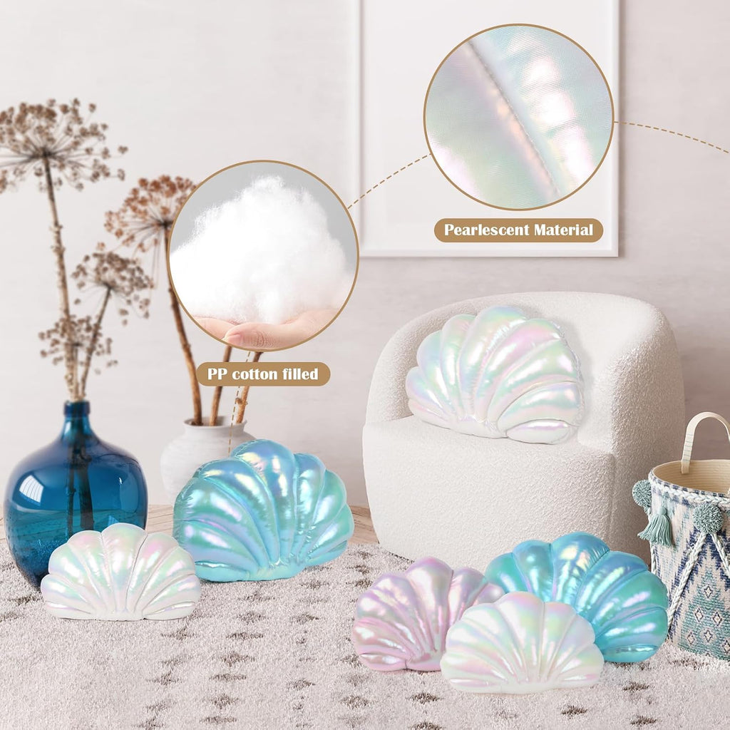 Marble Empire Seashell Pillow - Holographic Iridescent Foil Fabric Throw Pillow for Couch, Coastal Beach Theme Decor, Ocean Themed Bedroom Living Room Accent Pillow（Pearl White,14×11''）
