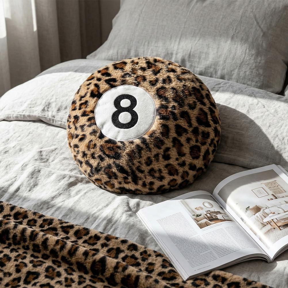 Cheetah 8 Ball Pillow - 14 Inch Leopard Print Throw Pillow, Soft Faux Fur Round Decorative Cushion for Home Bed, Sofa, Couch, Bedroom & Living Room (Cheetah)