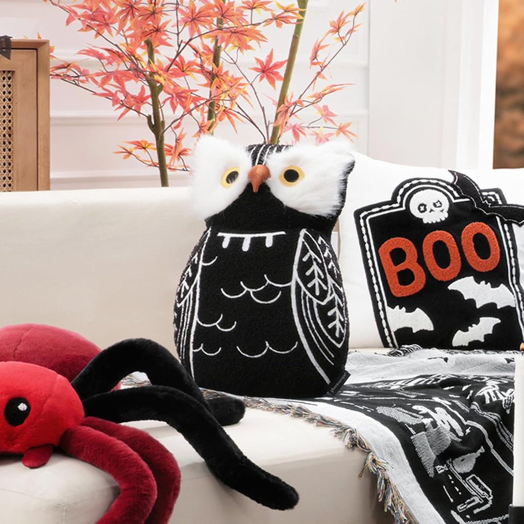Phantoscope Happy Halloween Shaped Throw Pillow, Plush Teddy Sherpa Owl Shaped Pillow with 3D Beak, Halloween Decorative Animal Stuffed Cushion for Couch, Black, 17.5 x 11 inches