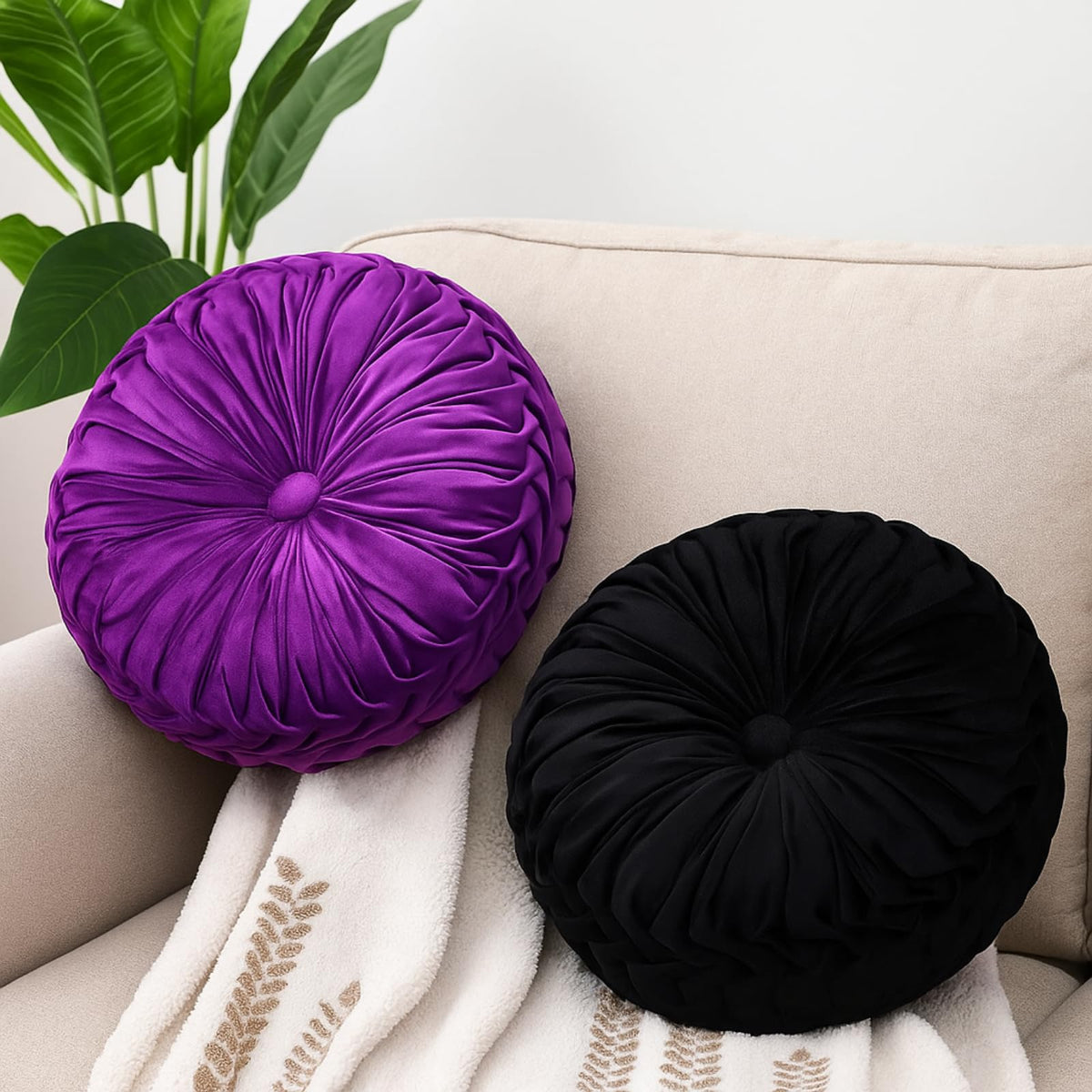Beeveer 2 Pcs Round Throw Pillows Velvet Pleated Pillows, Ivory