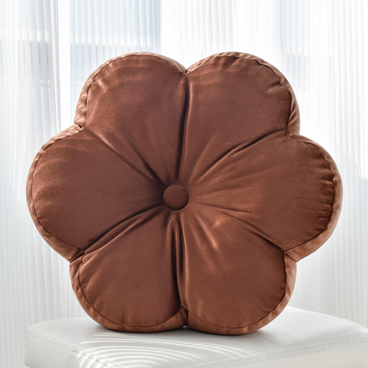 Flower Shaped Round Throw Pillow, Decorative Seat Cushion, 15", Ivory White