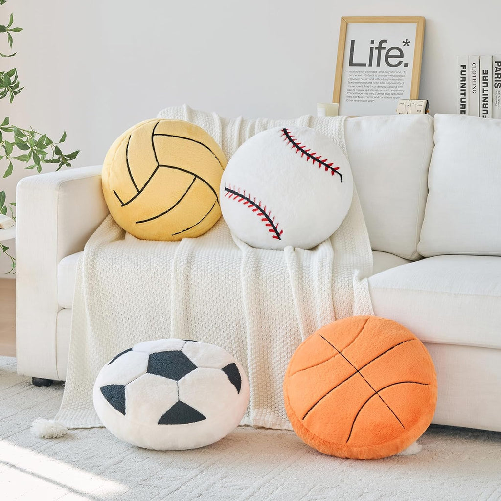 Baseball Pillow,12" Baseball Shaped Pillow Floor Cushion Seating Cushion with Faux Rabbit Fur,Round Ball Throw Pillow Room Décor for Sofa Couch Living Room