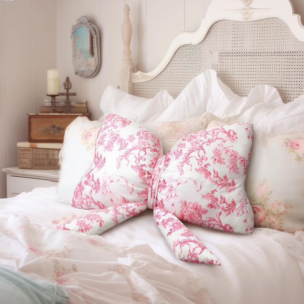 Colingmill Bow Shaped Throw Pillow 24 Inch Pink White Floral Decorative