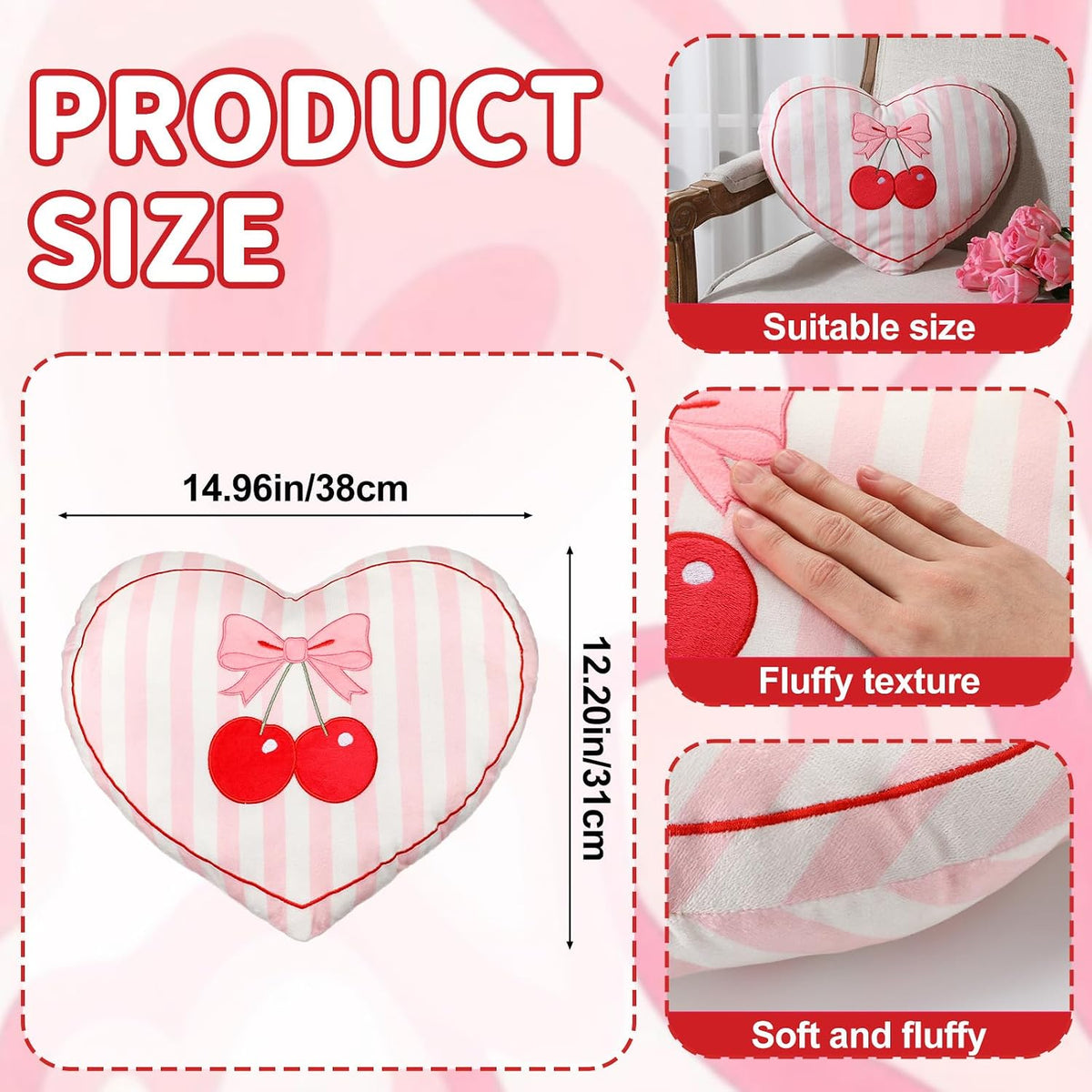 Threehoney Heart Pillow Cherry Bow Throw Pillow for Galentine's Day 15 x 12 Inches Aesthetic Cute Coquette Room Decor Soft Bowknot Cherry Cushions for Bedroom Living Room Sofa Bed Chair Decoration