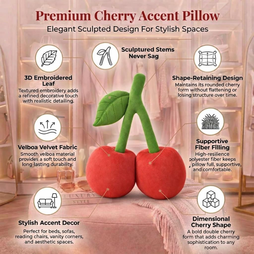 Cherry Pillow Fruit Velvet Throw Pillow 17x14 Inch Shape Hold Sculpted Stem
