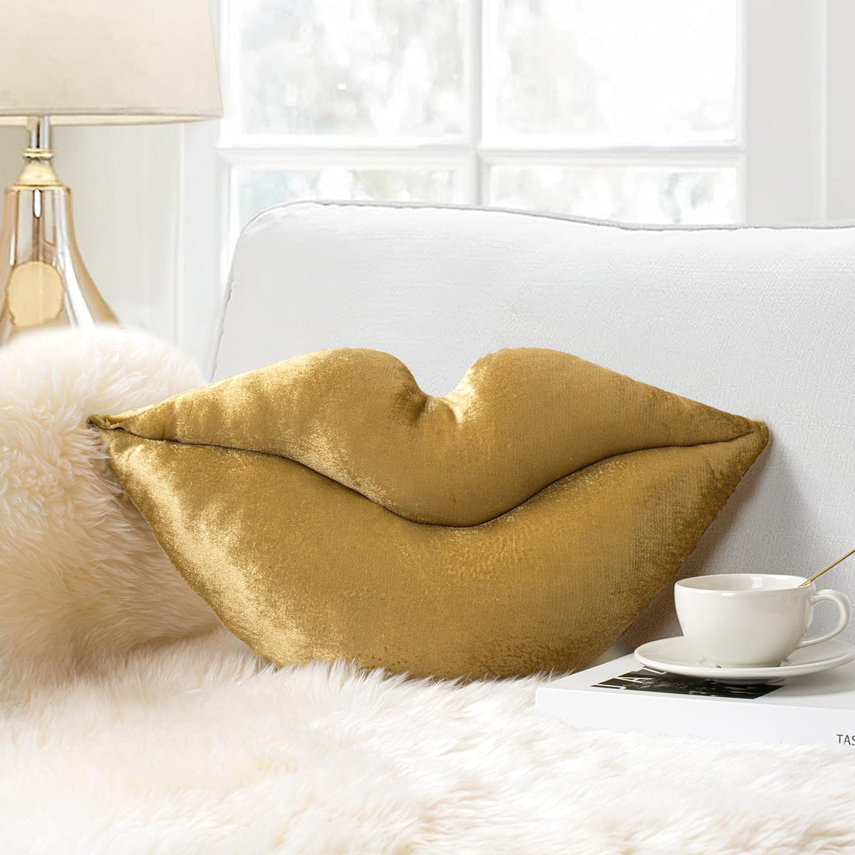 AELS 3D Large Lips Throw Pillows Smooth Soft Velvet Decorative Throw Pillows Love Pillows Cute Pillow 24 X 12 inches for Couch Sofa Bed Living Room Bedroom, Gold