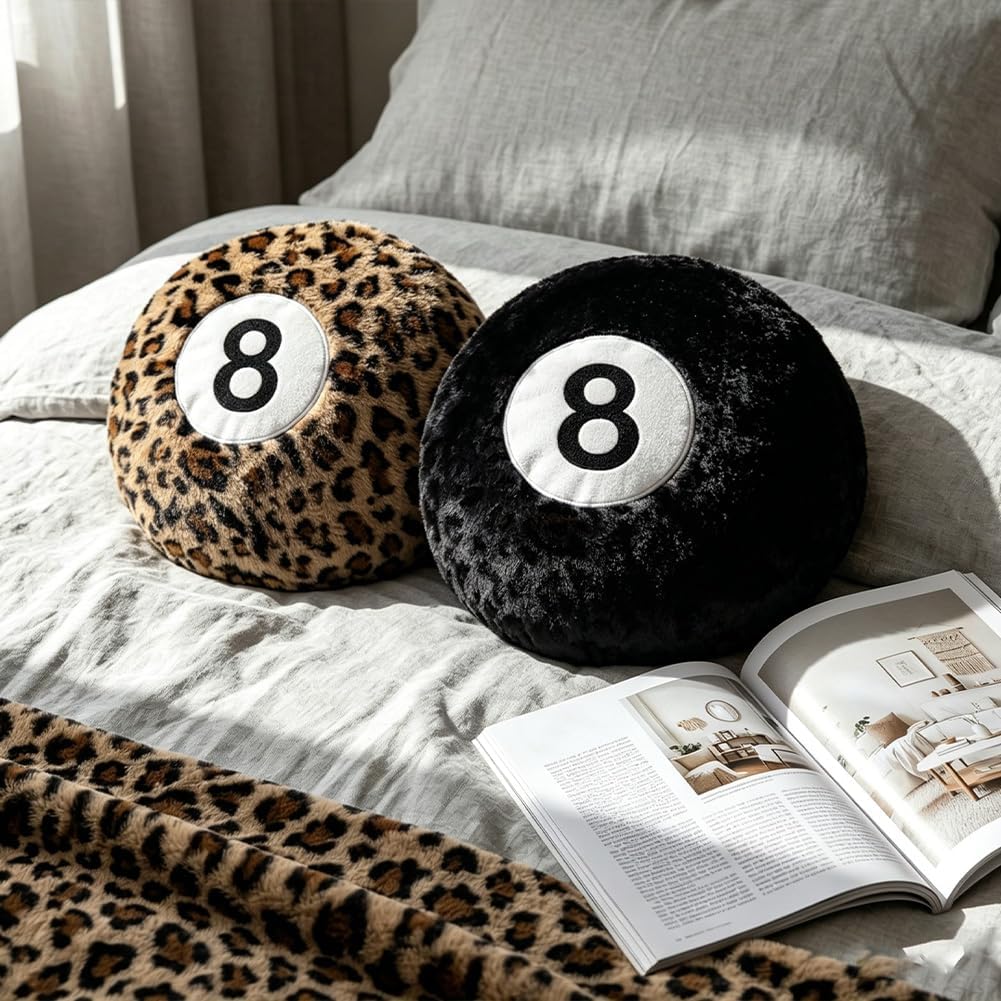 Cheetah 8 Ball Pillow - 14 Inch Leopard Print Throw Pillow, Soft Faux Fur Round Decorative Cushion for Home Bed, Sofa, Couch, Bedroom & Living Room (Cheetah)