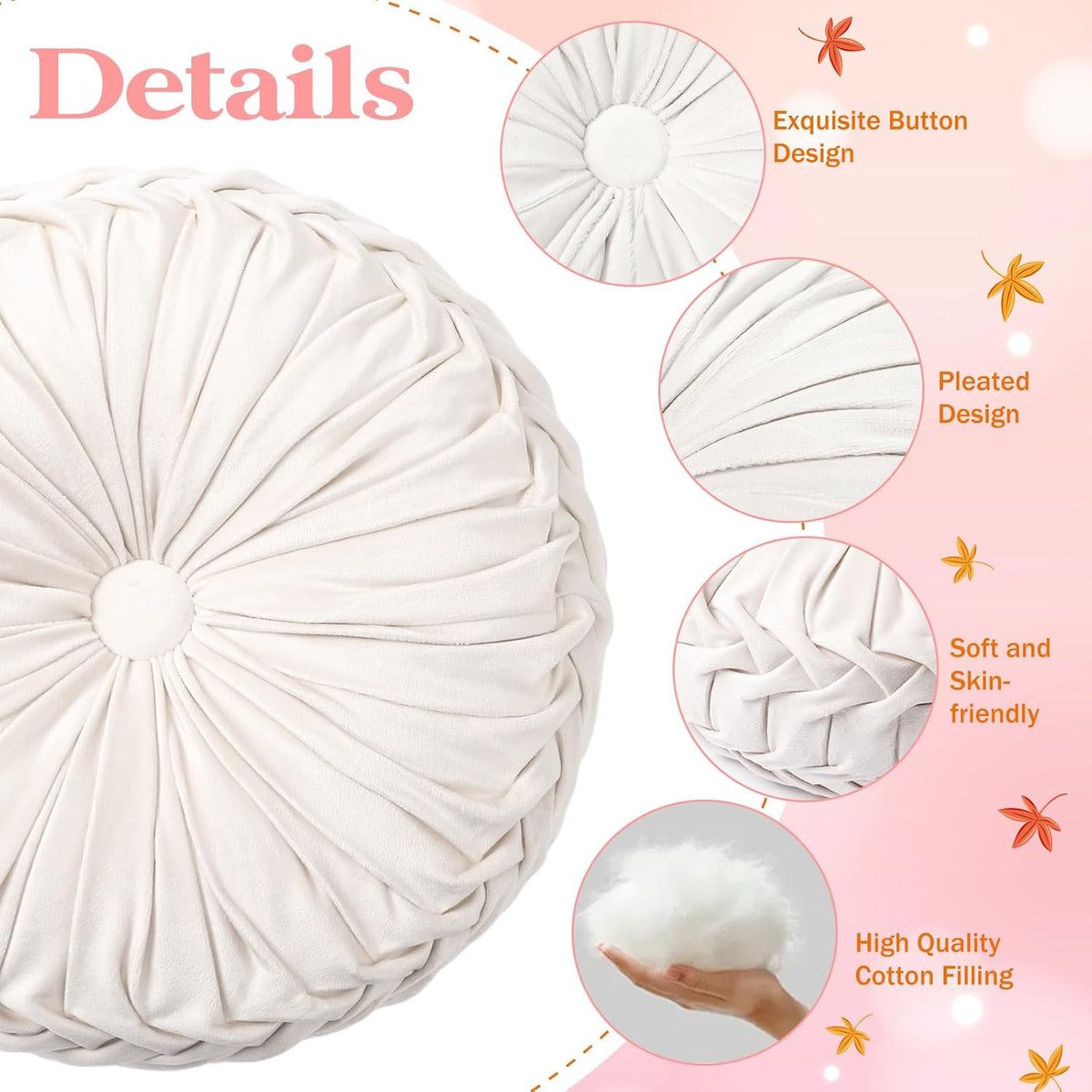 Beeveer 2 Pcs Round Throw Pillows Velvet Pleated Pillows, Ivory