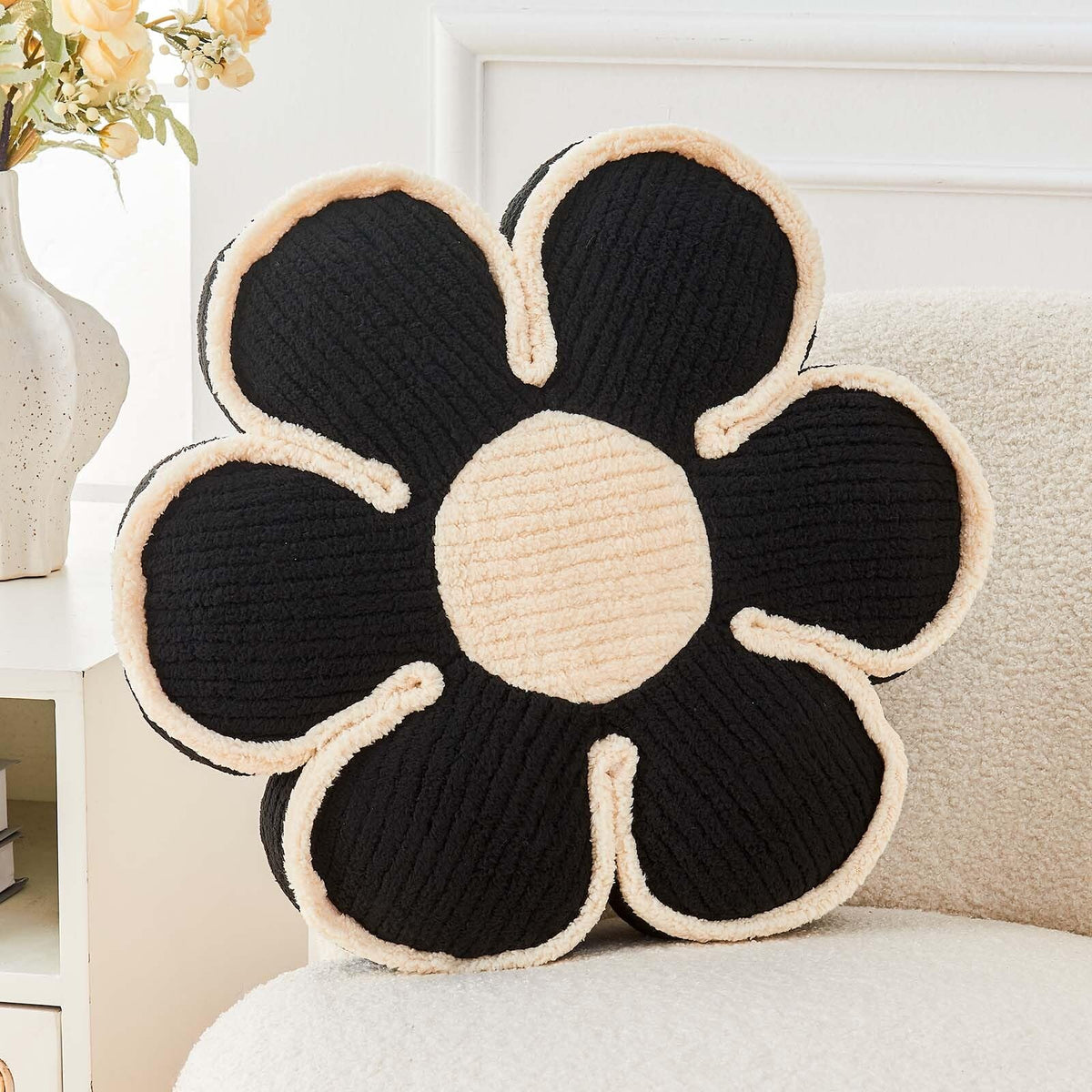 Kcvvcr Soft Flower Shaped Floor Cushion, Plush Decorative Throw Pillow, Cute Seating Cushion, Room Decor Pillow for Sofa Couch Bed (13.7 Inch, Black)