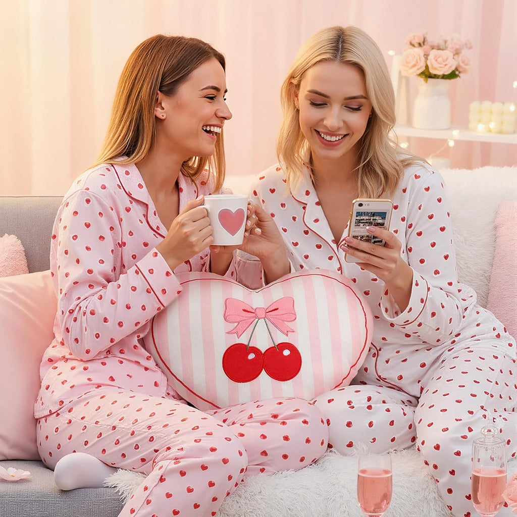 Threehoney Heart Pillow Cherry Bow Throw Pillow for Galentine's Day 15 x 12 Inches Aesthetic Cute Coquette Room Decor Soft Bowknot Cherry Cushions for Bedroom Living Room Sofa Bed Chair Decoration