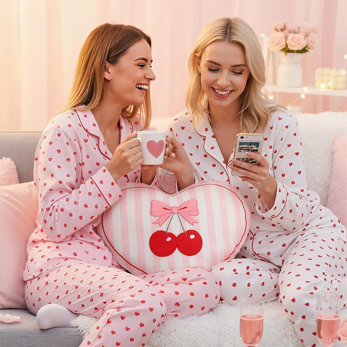 Threehoney Heart Pillow Cherry Bow Throw Pillow for Galentine's Day 15 x 12 Inches Aesthetic Cute Coquette Room Decor Soft Bowknot Cherry Cushions for Bedroom Living Room Sofa Bed Chair Decoration