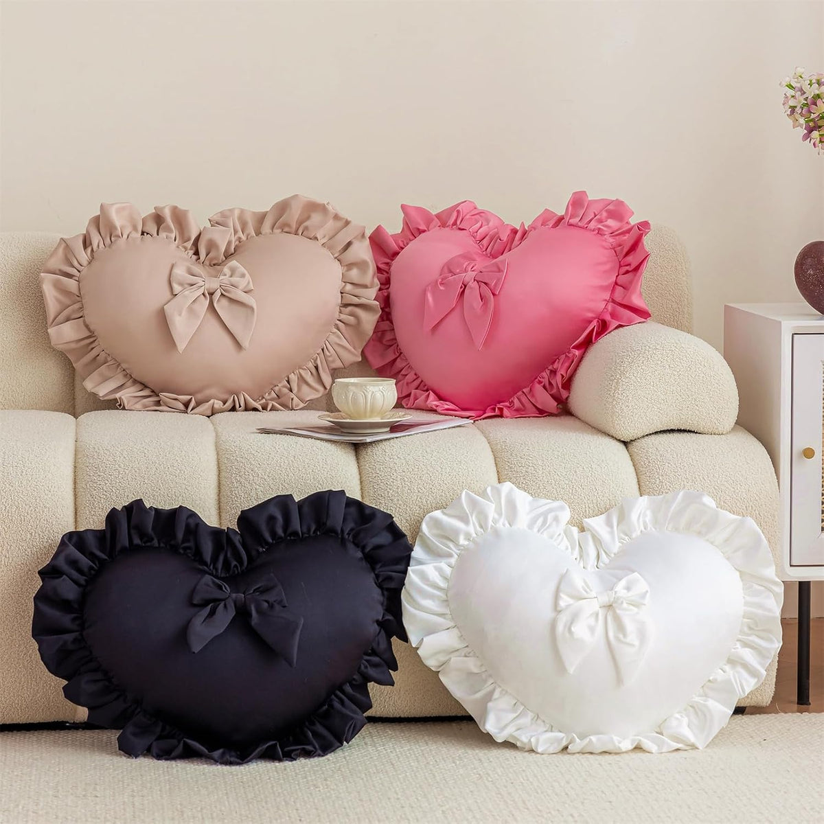MOJUN Black Heart Pillow, Soft Heart Shaped Pillow with Bow Ruffle Design Love Room Decor Pillows for Sofa Bed Chair Cute Heart Shaped Throw Pillow Cushion for Bedroom Living Room