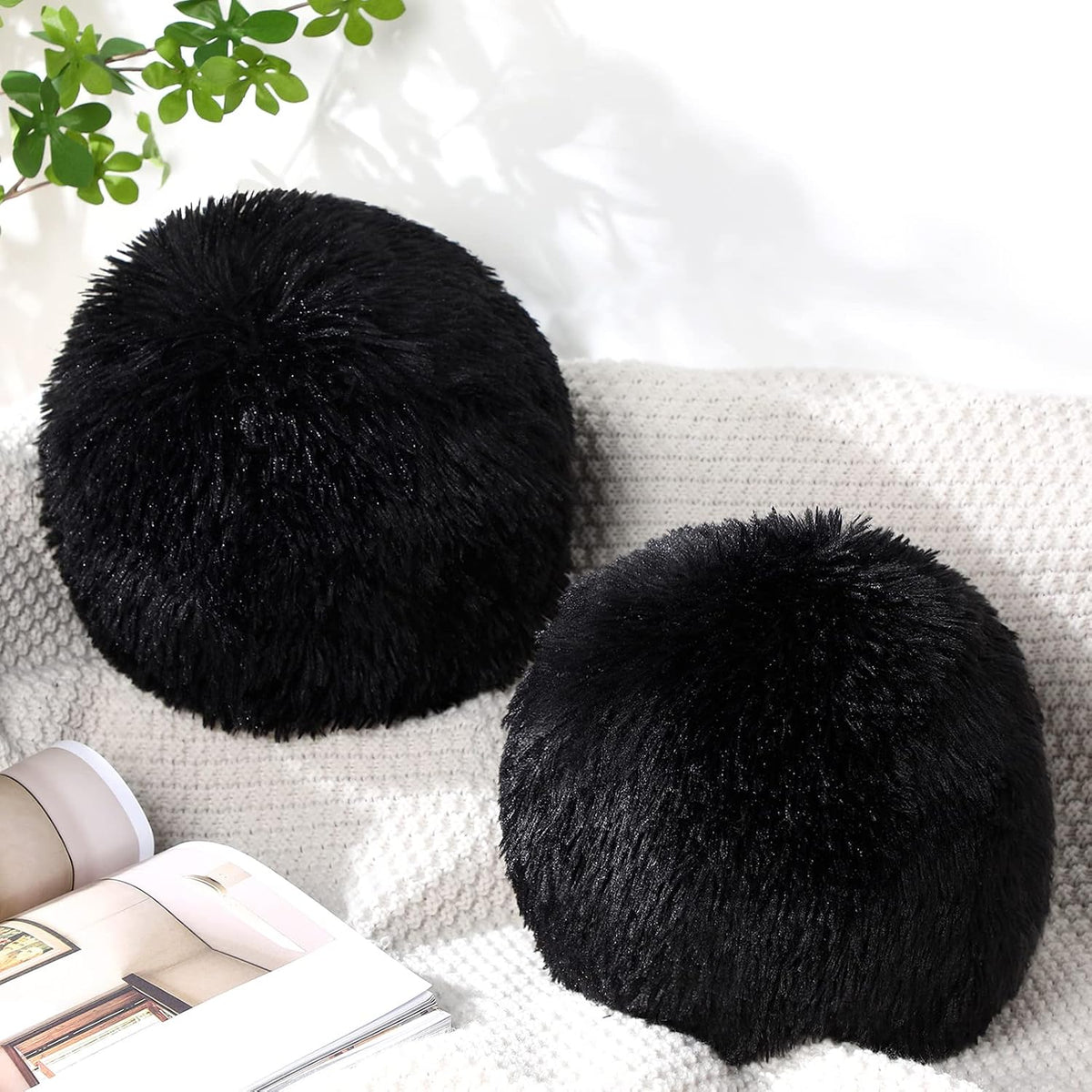 Black Round Ball Throw Pillow Plush Fluffy 10 Inch
