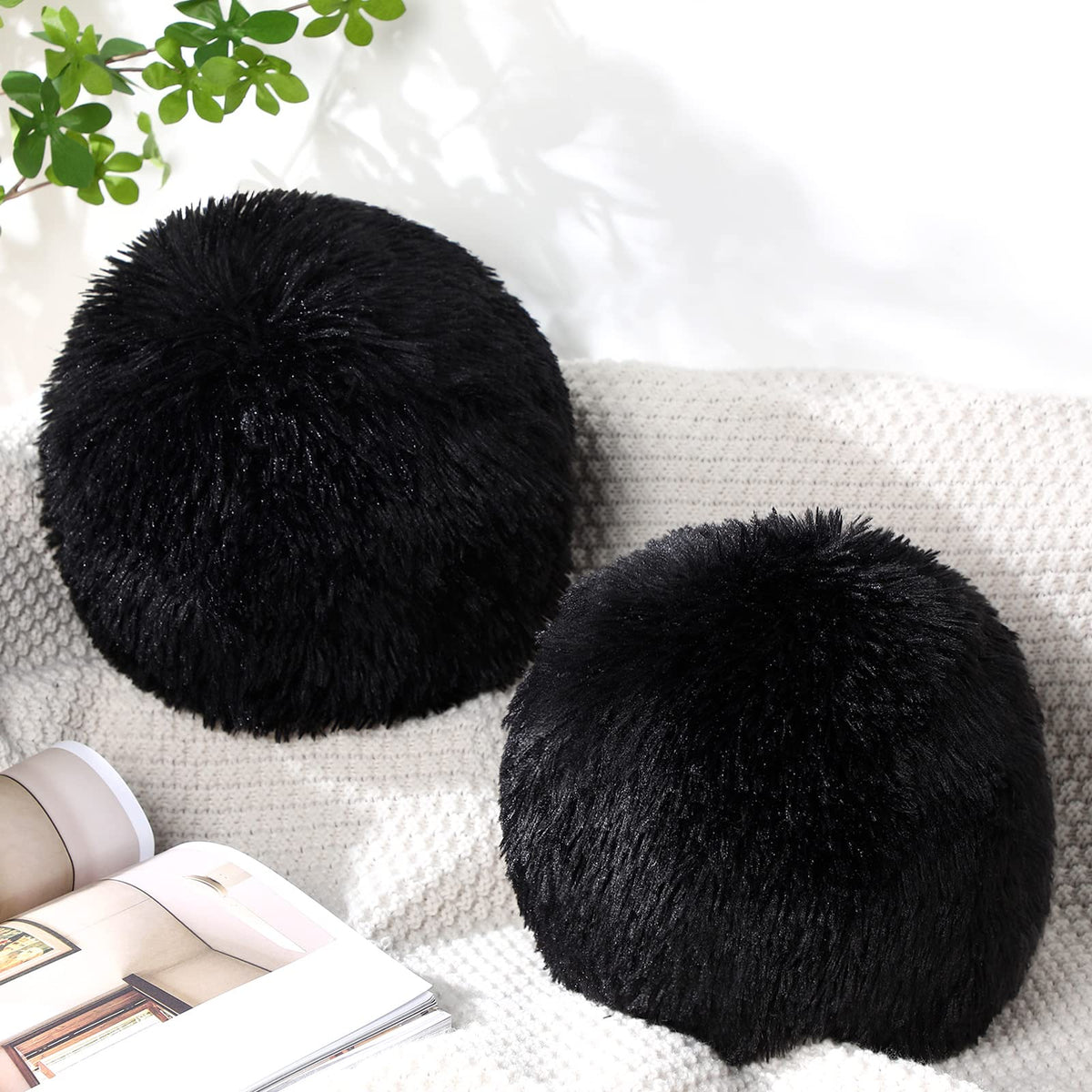 Black Round Ball Throw Pillow Plush Fluffy 10 Inch