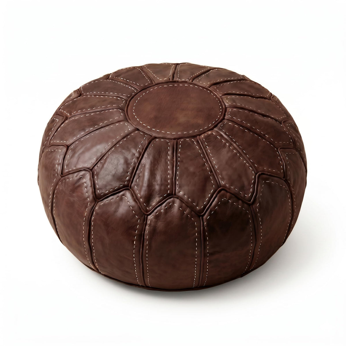 Moroccan Handmade Leather Pouf Ottoman — Round Genuine Leather Footstool, Hand-Stitched Unstuffed Pouf Cover for Living Room, Bedroom & Nursery (Cognac Brown)