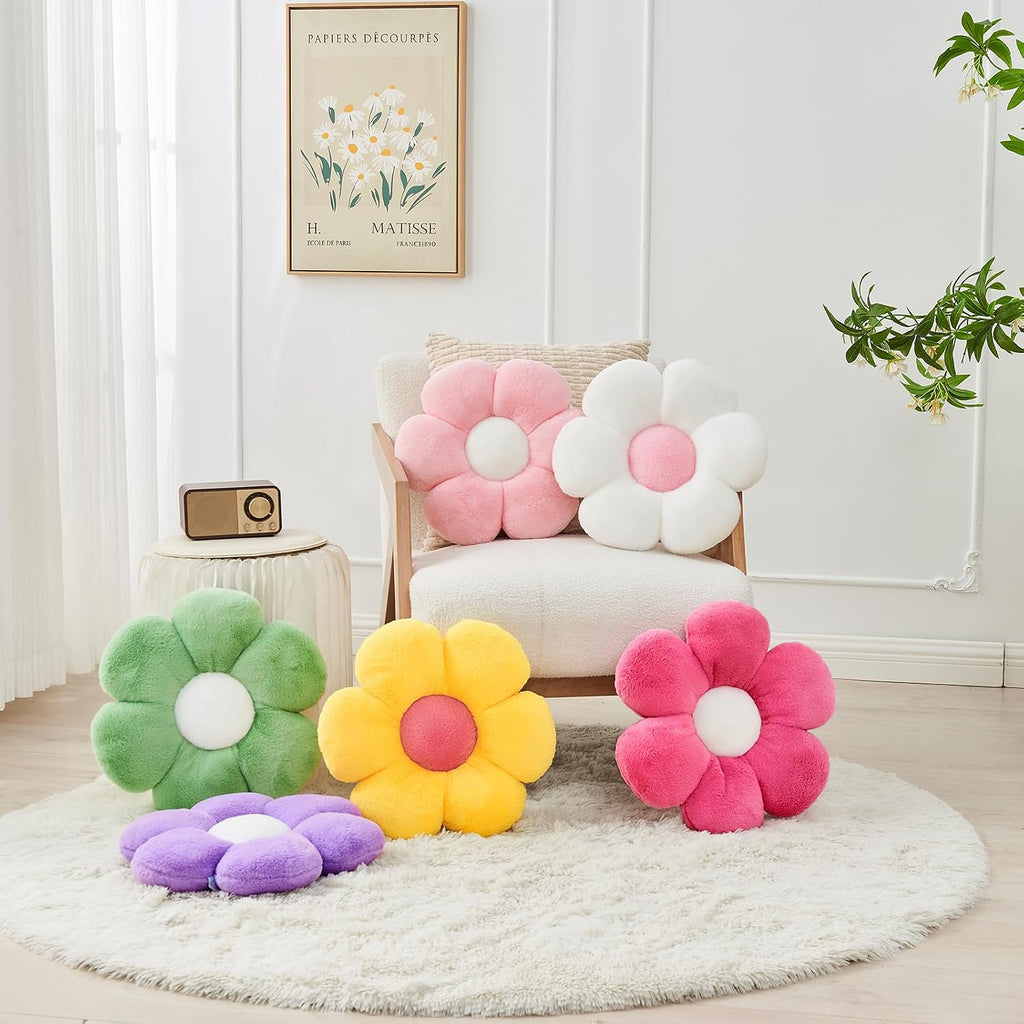 2 Pcs Flower Throw Pillow,15.7'' Daisy Shaped Pillows Set with Faux Rabbit Fur,Soft Flower Plush Throw Pillow Cushions for Bed Sofa Couch Home Decor (White+Pink)
