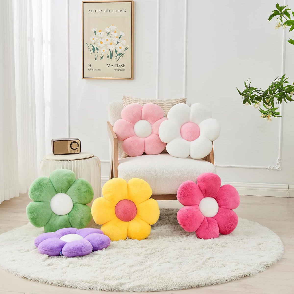 2 Pcs Flower Throw Pillow,15.7'' Daisy Shaped Pillows Set with Faux Rabbit Fur,Soft Flower Plush Throw Pillow Cushions for Bed Sofa Couch Home Decor (White+Pink)