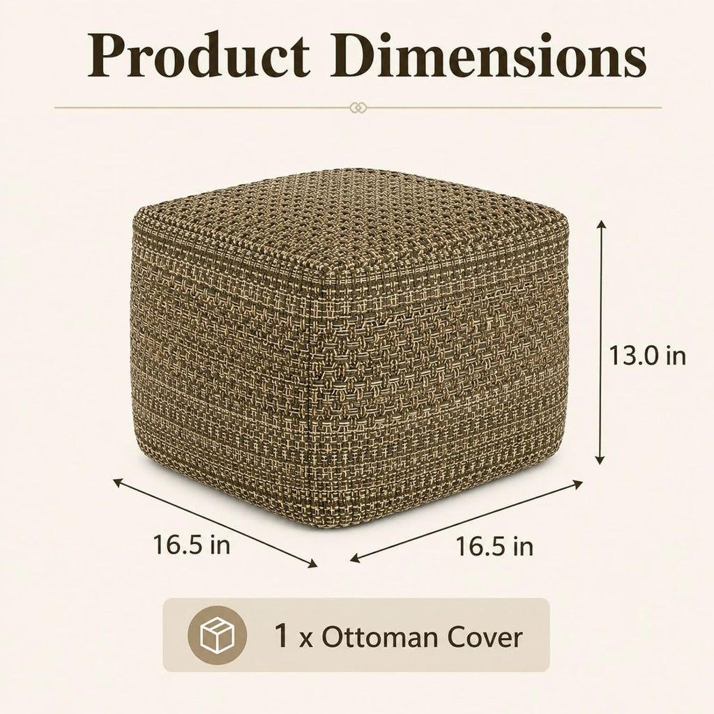 Unstuffed Ottoman Square Pouf Cover, 16.5 x 16.5 x 13 in Bohemian Ottoman with Cross-Stitch Woven Texture, Storage Footrest and Extra Seating for Living Room Bedroom Entryway