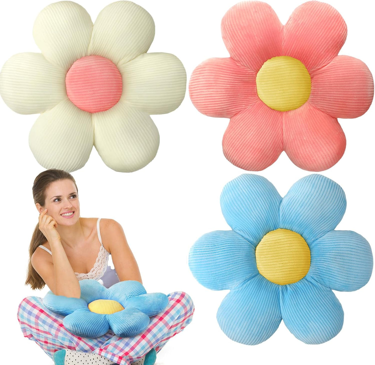 Sratte 3 Pcs Flower Pillows Daisy Cushion, Vivid Colors, 16"
