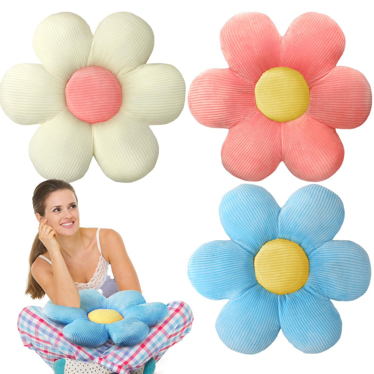 Sratte 3 Pcs Flower Pillows Daisy Cushion, Vivid Colors, 16"