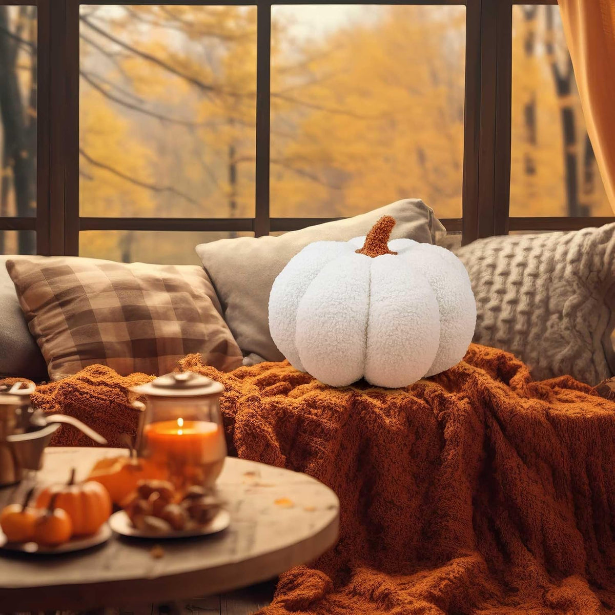 Juexica Stuffed Pumpkin Pillow Fall Halloween Decor Cushion,White,Small