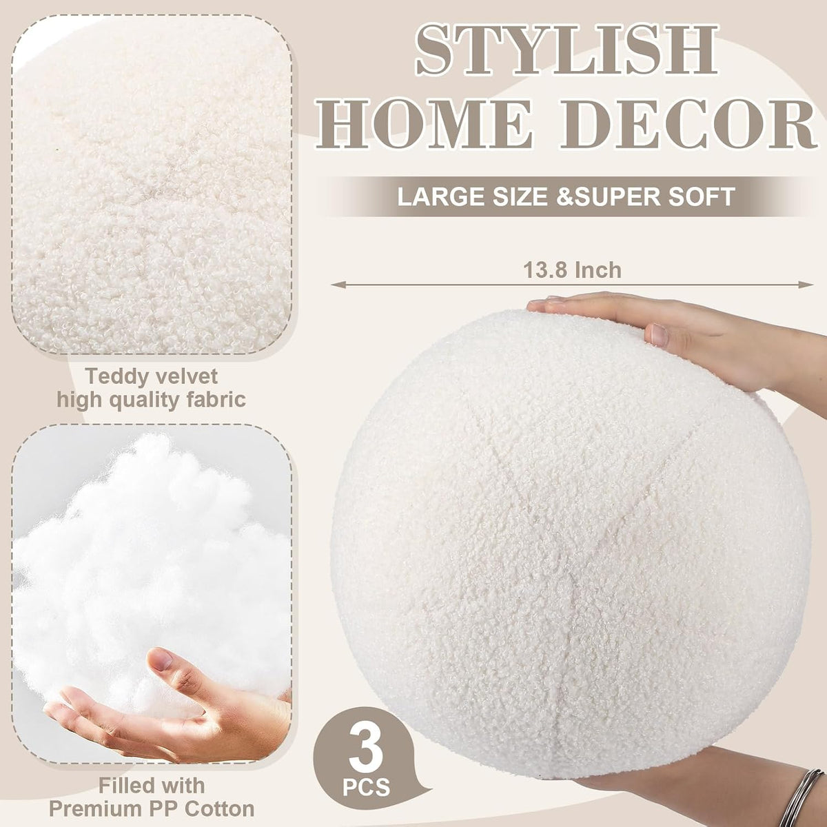 Suzile 3 Pack Ball Pillows, 13.8 Inch Round Throw Pillows,White