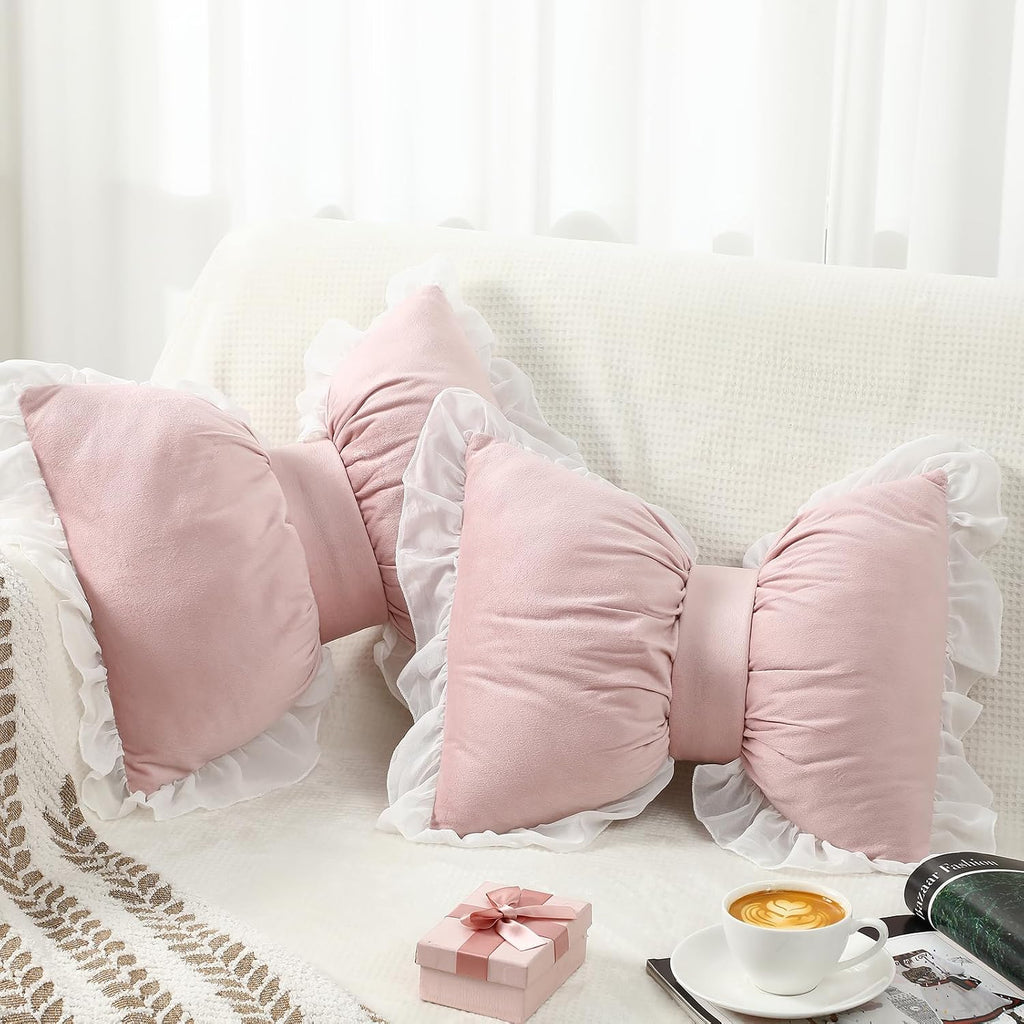 Yousoontic 2 Pcs Bow Throw Pillows 15.7x12.6 in, Velvet, Pink
