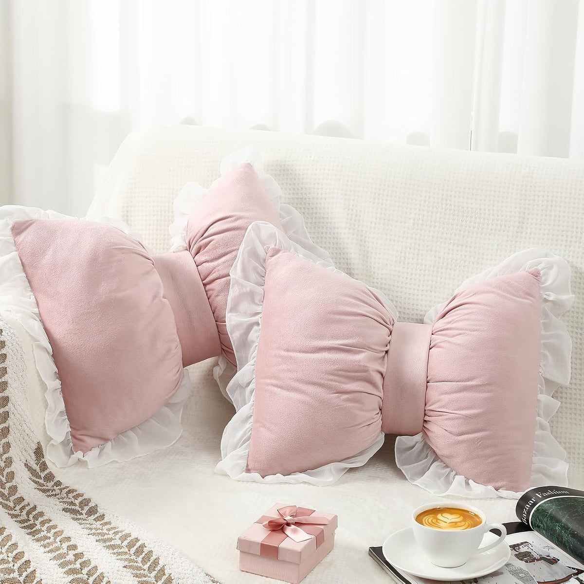 Yousoontic 2 Pcs Bow Throw Pillows 15.7x12.6 in, Velvet, Pink