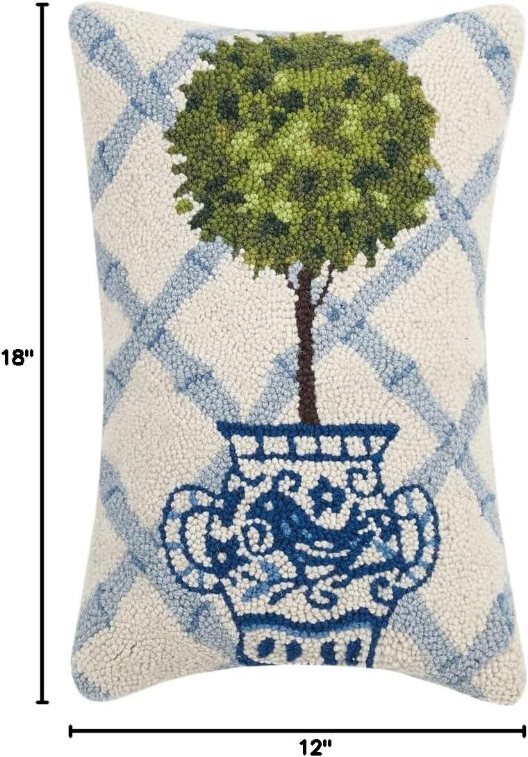Peking Handicraft Ball Topiary in Chinoiserie Pot with Blue Trellis 12" x 18" Hooked Wool Throw Pillow with Polyfill Insert