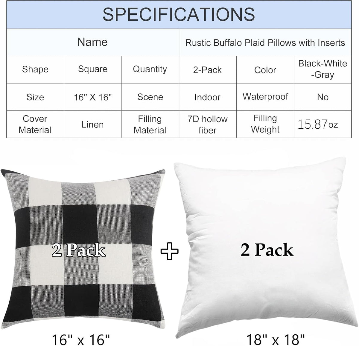 Rustic Buffalo Plaid Pillows with Inserts Set of 2, Retro Cotton Linen Decorative Throw Pillows for Front Porch Patio Decor, Classic Home Decor for Sofa Bed Couch(Black White, 16" x 16")