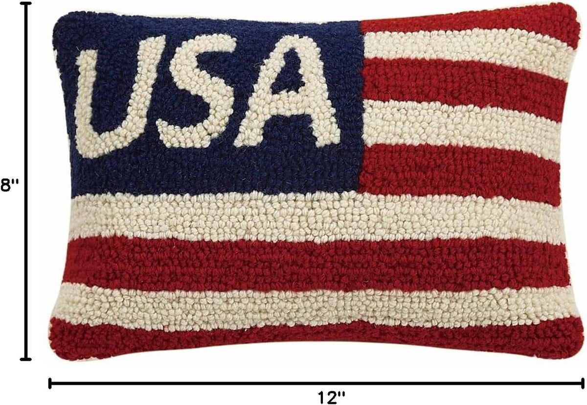 Peking Handicraft USA Flag Red White Blue Patriotic Mini Hooked Wool Pillow - 8" x 12"