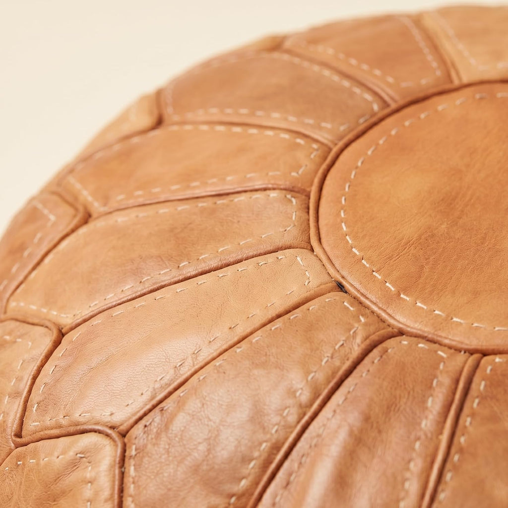 Moroccan Handmade Leather Pouf Ottoman — Round Genuine Leather Footstool, Hand-Stitched Unstuffed Pouf Cover for Living Room, Bedroom & Nursery (Cognac Brown)