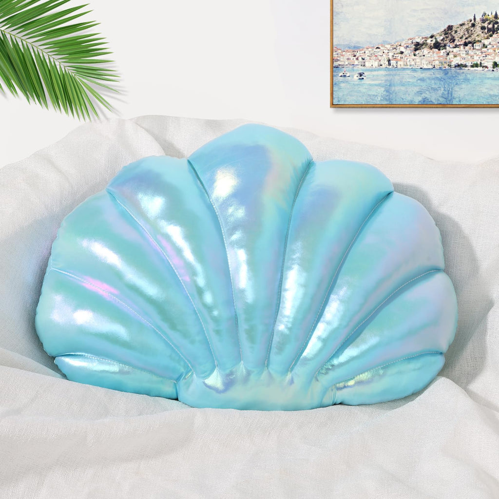 Marble Empire Seashell Pillow - Holographic Iridescent Foil Fabric Throw Pillow for Couch, Coastal Beach Theme Decor, Ocean Themed Bedroom Living Room Accent Pillow（Pearl White,14×11''）