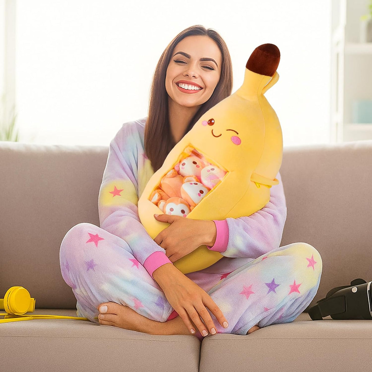 Lewtemi Banana Pillow Cute Kawaii Plush Toy with Monkeys, Banana