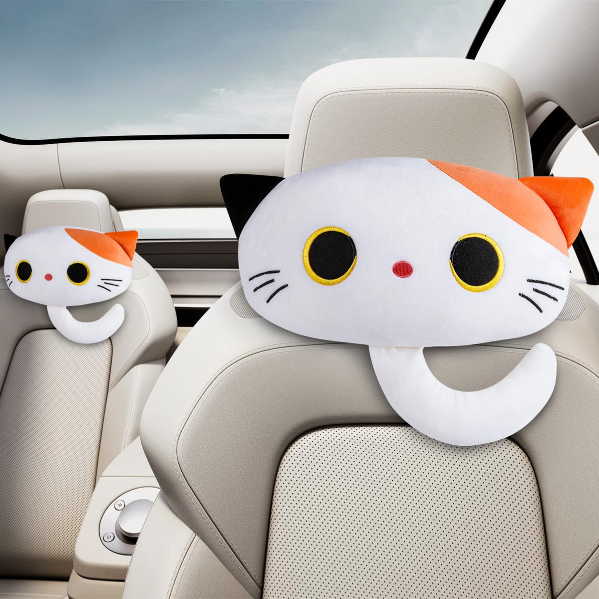 Black Cat Car Headrest Pillow Neck Support Plush Cushion for Driving Seat (2 pcs)