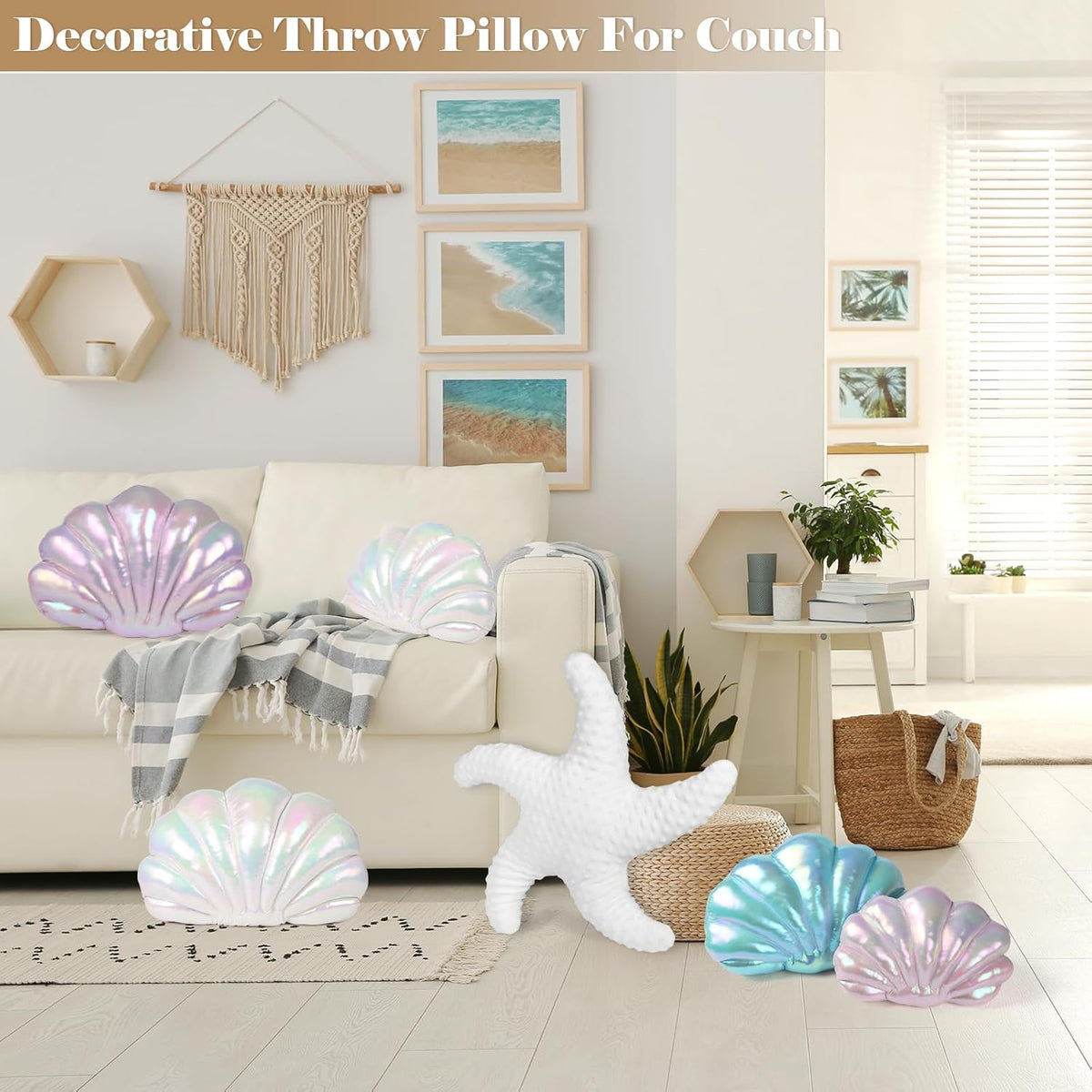 Marble Empire Seashell Pillow - Holographic Iridescent Foil Fabric Throw Pillow for Couch, Coastal Beach Theme Decor, Ocean Themed Bedroom Living Room Accent Pillow（Pearl White,14×11''）